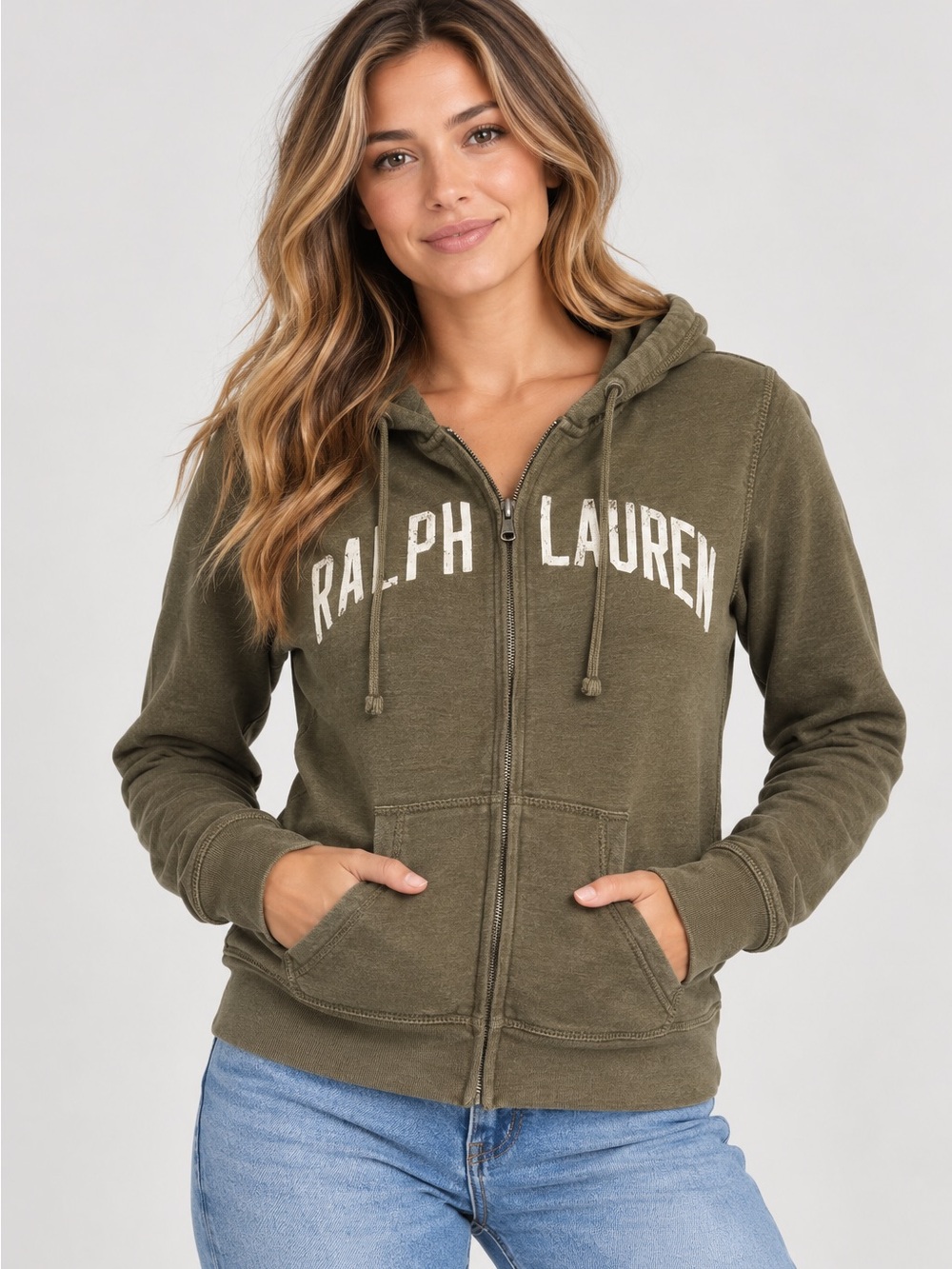 Ralph Lauren Women's L Olive Green Full Zip Hoodie Distressed Logo Preppy Casual
